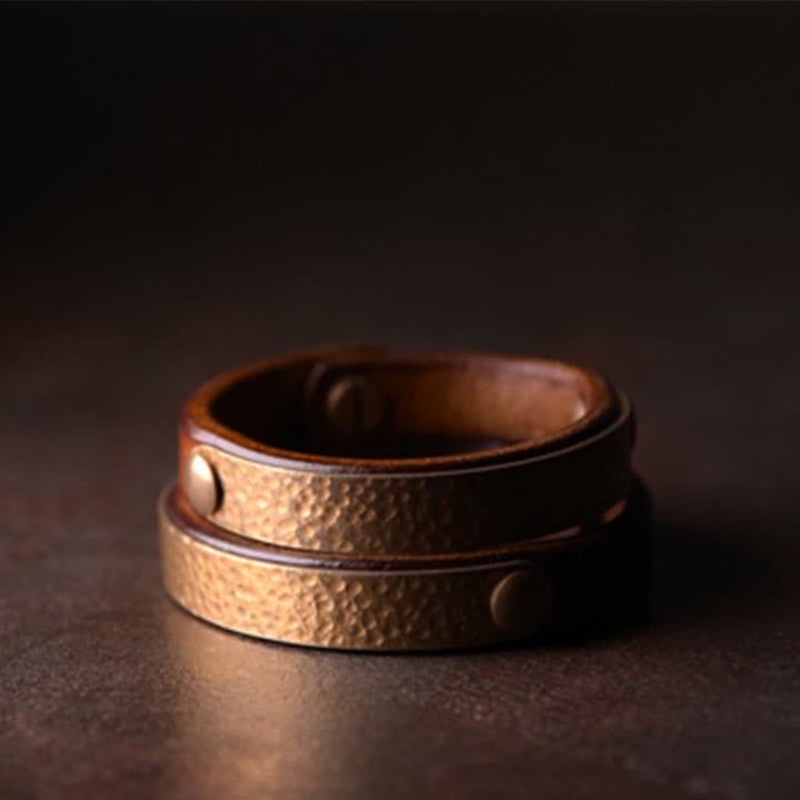 BWOOOH Vintage Handmade Texture Copper Brass Leather Wealth Bracelet Bangle