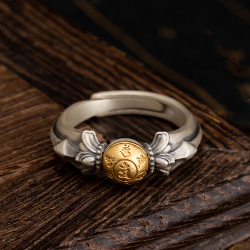 BWOOOH 925 Sterling Silver Manjusri Mantra Om Mani Padme Hum Peace Adjustable Ring — Sterling Silver crystal healing brace...