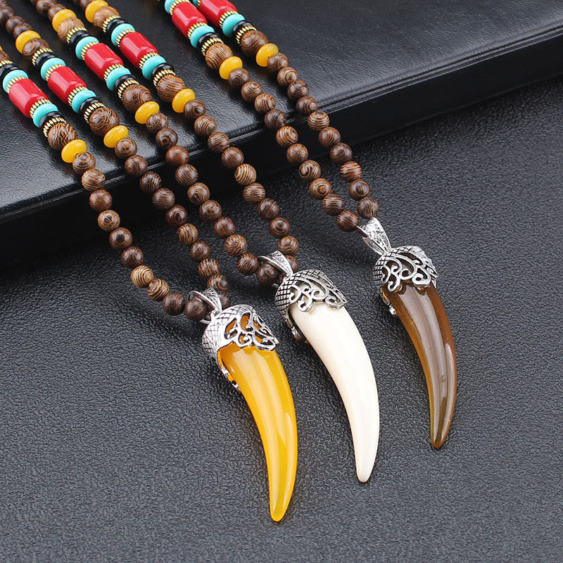 BWOOOH Wenge Wood Turquoise Stone Horn Style Protection Meditation Necklace Pendant