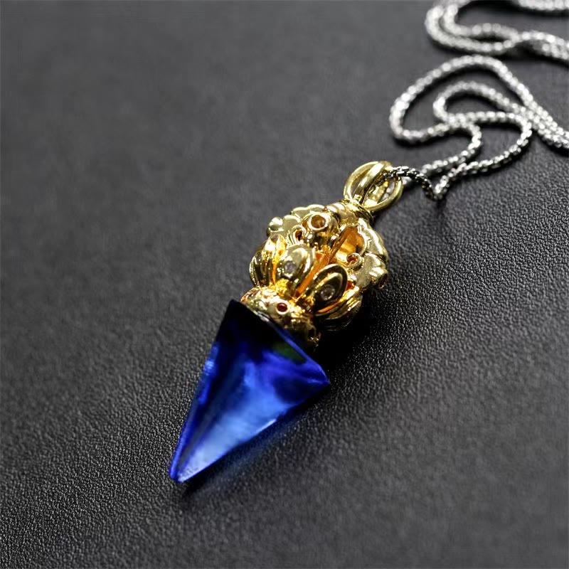 BWOOOH Tibetan Dorje Vajra 4 prong lotus Liuli crystal strength necklace pendant 45cm Buddhist amulet
