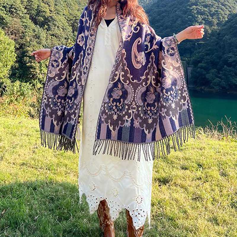 BWOOOH Tibetan Flowers Leaves Branch Design Tassel Shawl 