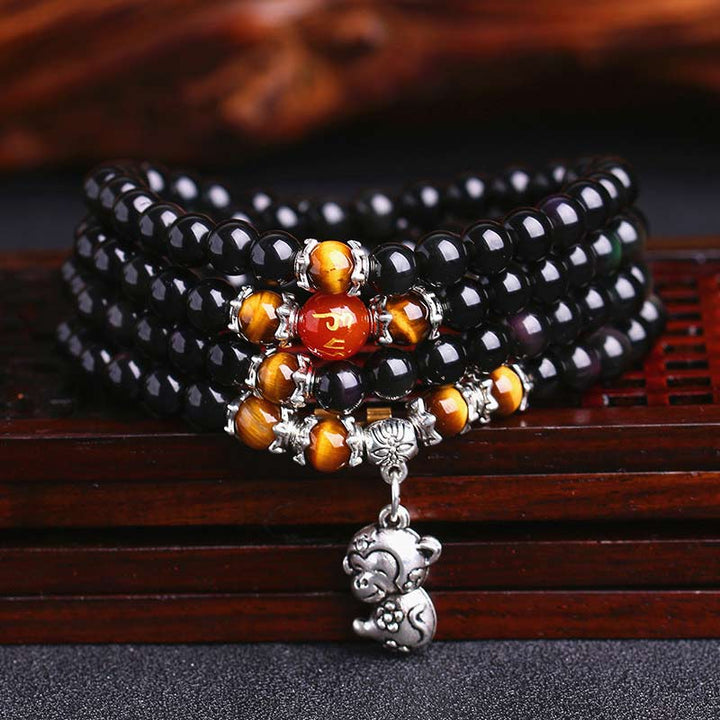 BWOOOH Chinese Zodiac 108 Beads Black Obsidian Tiger Eye Fortune Mala Bracelet
