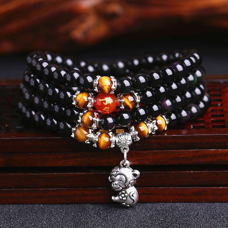 BWOOOH Chinese Zodiac 108 Beads Black Obsidian Tiger Eye Fortune Mala Bracelet