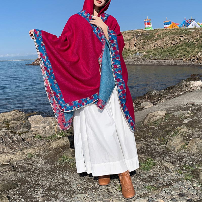 BWOOOH Tibetan Shawl Border Small Floral Flower Hooded Cl