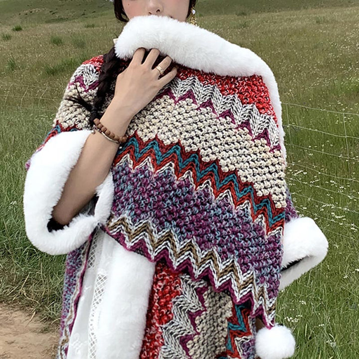 BWOOOH Tibetan Multicolored Wavy Lines Knitted Striped Sh