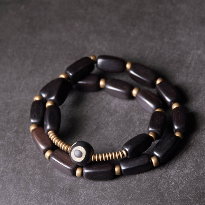 BWOOOH Tibet Ebony Wood Dzi Bead Copper Balance Double Wrap Bracelet
