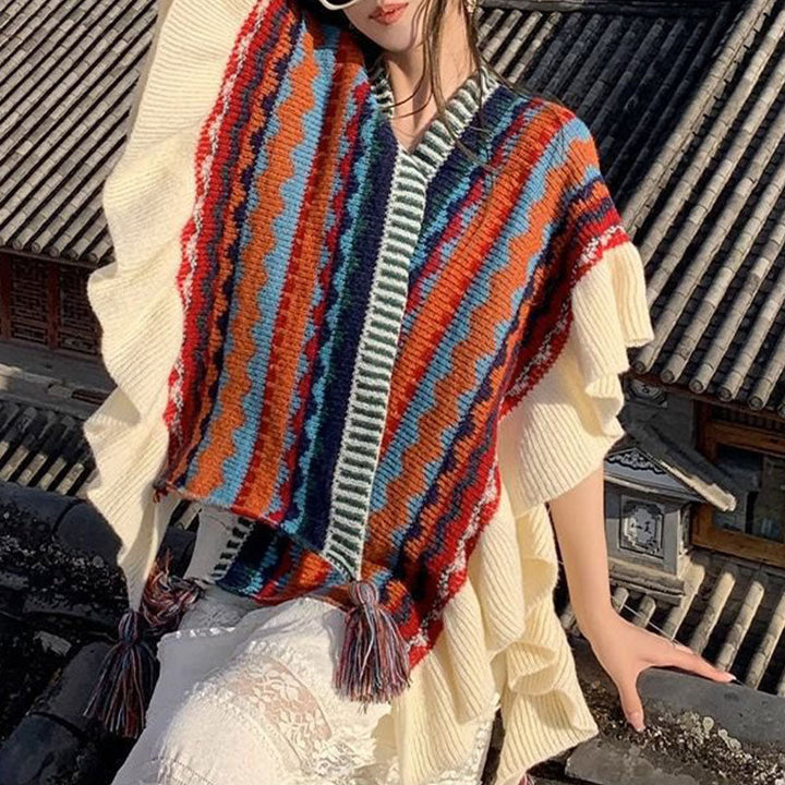 BWOOOH Tibetan Shawl Colorful Striped Wavy Line Tassels W