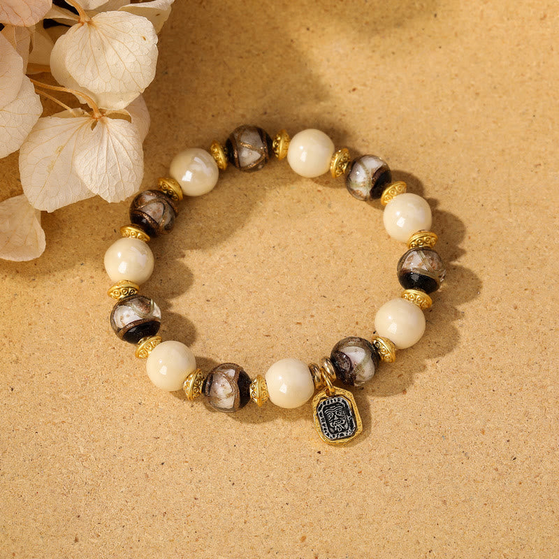 BWOOOH Tibetan Zakiram Goddess of Wealth Charm Liuli Glass Incense Ash Porcelain Bead Protection Bracelet