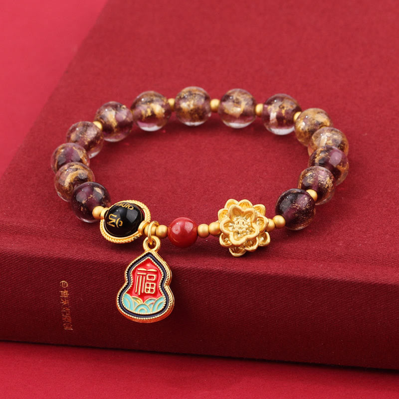 BWOOOH Tibet Om Mani Padme Hum Fu Character Gourd Charm Lotus Liuli Glass Bead Luck Bracelet