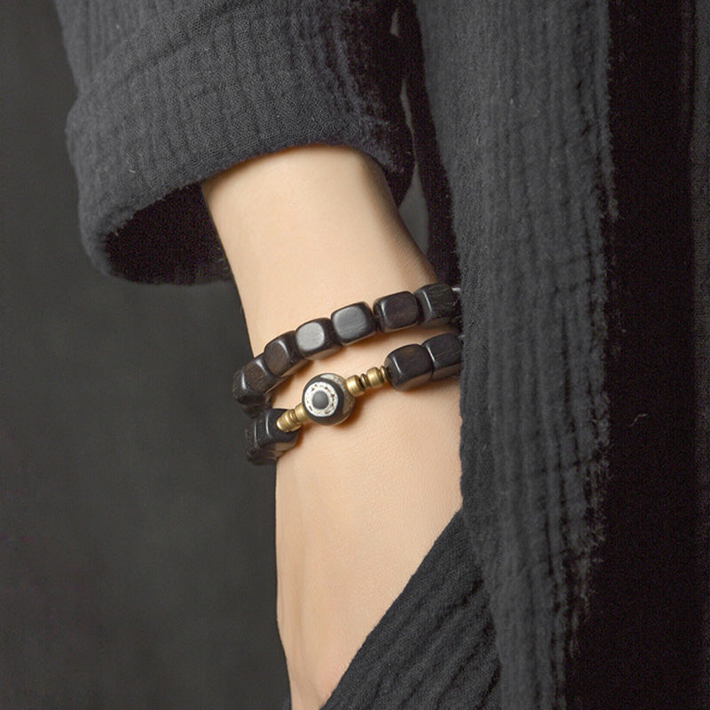 BWOOOH Ebony Wood Dzi Bead Copper Peace Couple Bracelet