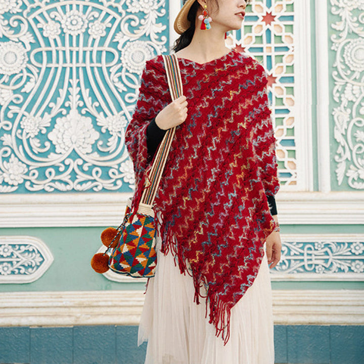 BWOOOH Tibetan Colorful Striped Shawl Tassels Pullover Wi