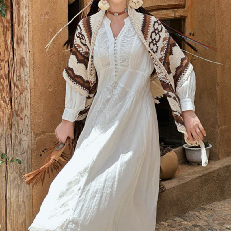 BWOOOH Tibetan Striped Brown Beige Tassel Shawl Winter Co