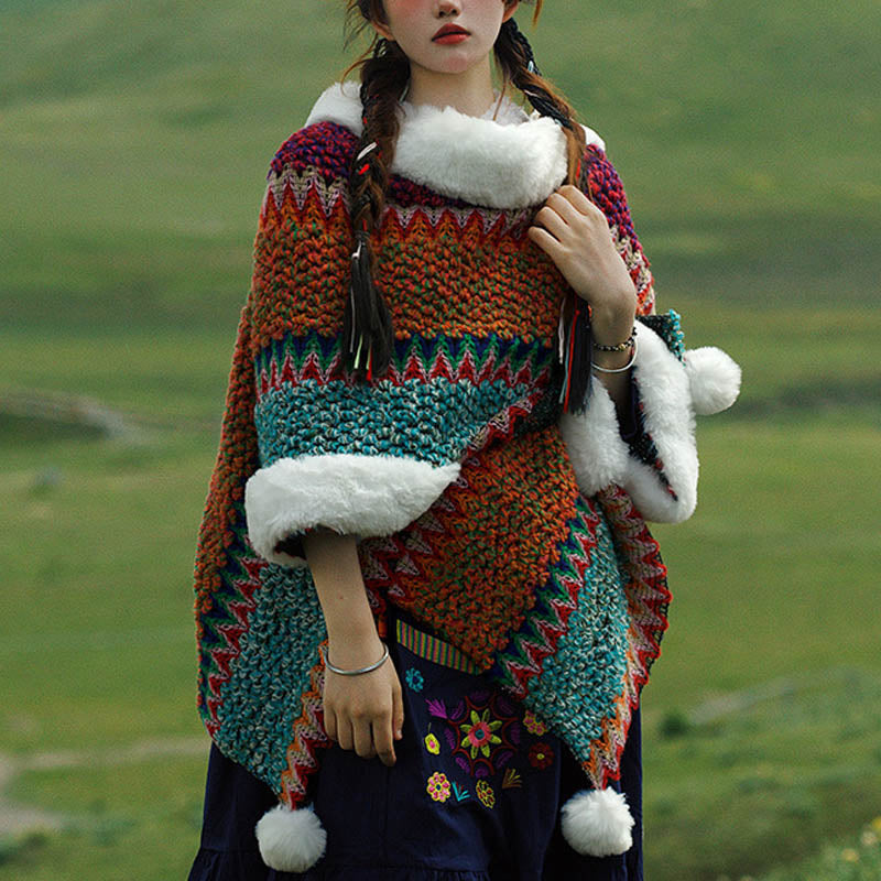 BWOOOH Tibetan Multicolored Striped Shawl Winter Cozy Tra