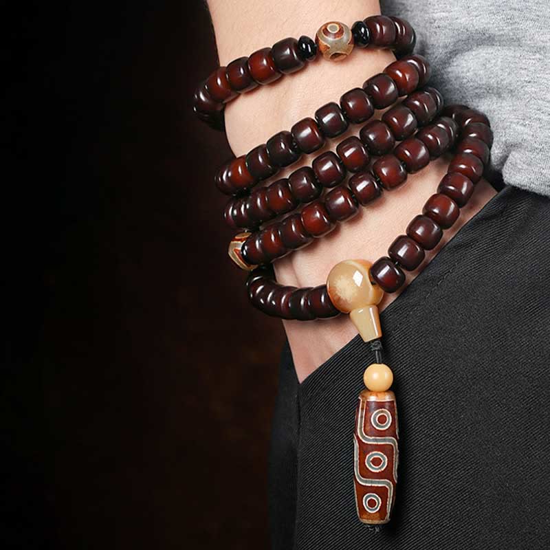 BWOOOH 108 Mala Beads Three-eyed Dzi Bead Nine-eye Dzi Bead Jade Luck Bracelet