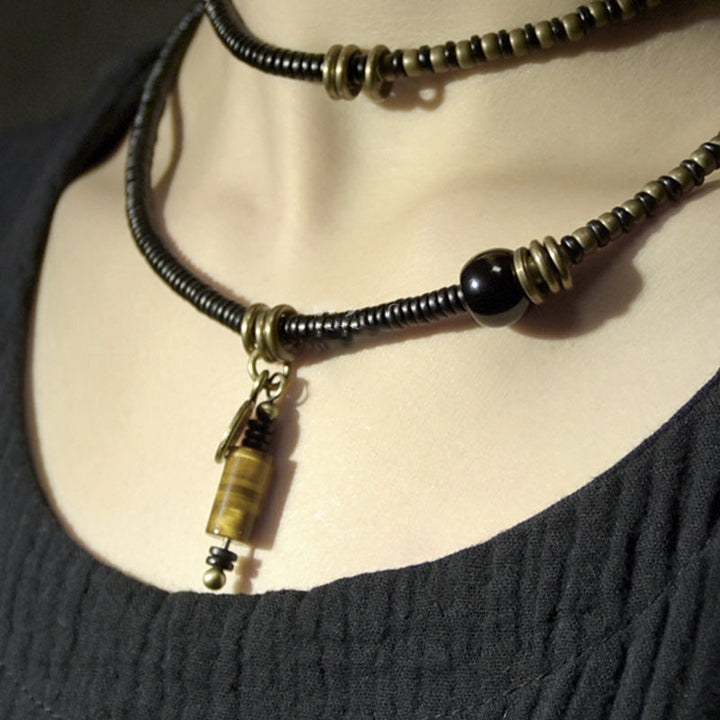 BWOOOH Ebony Wood Dzi Bead Copper Peace Couple Bracelet Necklace Pendant