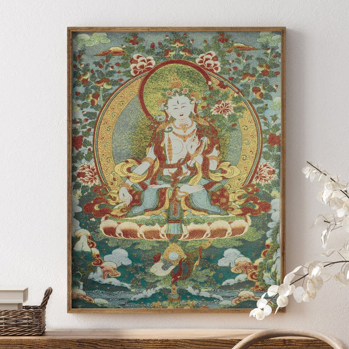 BWOOOH Tibetan Embroidery White Tara Thangka Tapestry Wall Hanging Wall Art Meditation  | spiritual healing bracelet