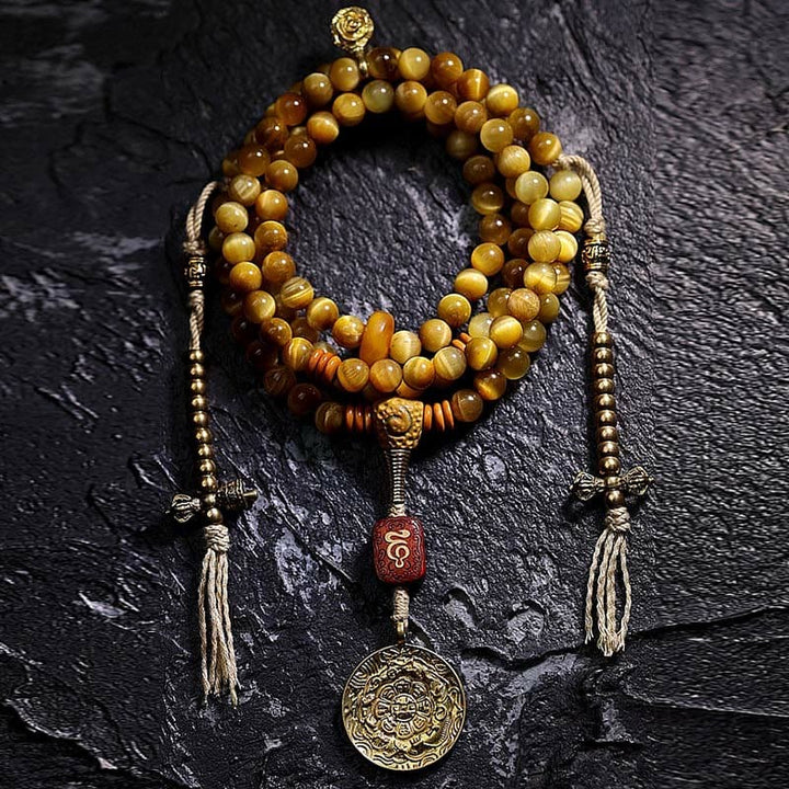 BWOOOH 108 Mala Beads Natural Tiger Eye Copper Dorje Protection Tassel Bracelet