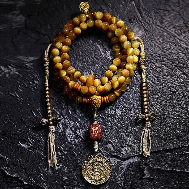 BWOOOH 108 Mala Beads Natural Tiger Eye Copper Dorje Protection Tassel Bracelet