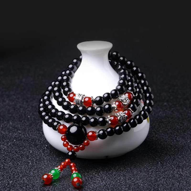 BWOOOH 108 Beads Natural Black Obsidian Tiger Eye Red Agate Mala Bracelet