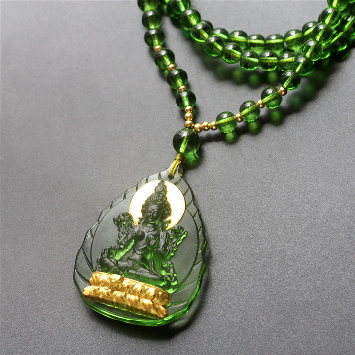 BWOOOH Tibetan Green Tara Buddha Gold Plated Liuli Crystal Protection Necklace Pendant