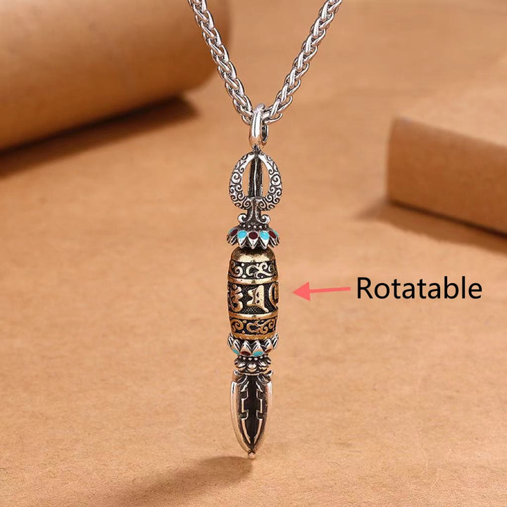 BWOOOH Tibetan Om Mani Padme Hum Protection Wealth Rotatable Necklace Pendant