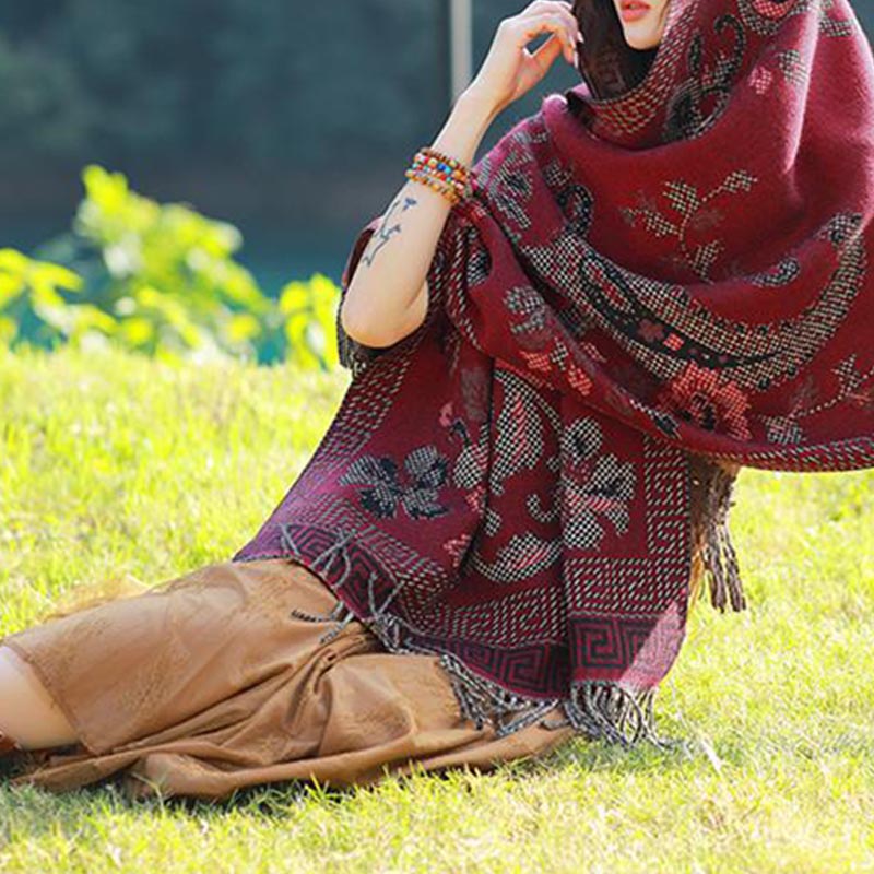 BWOOOH Tibetan Flowers Leaves Pattern Design Shawl Cozy T