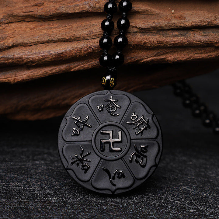 BWOOOH Natural Black Obsidian Tibetan Om Mani Padme Hum Buddha Swastika Luck Necklace Pendant