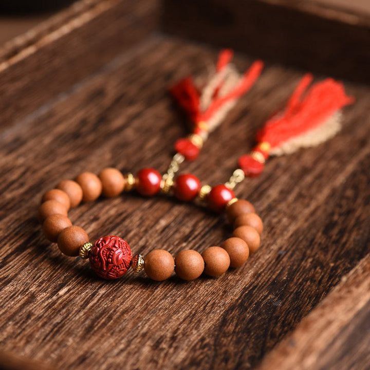 BWOOOH Tibetan Natural Peach Wood Cinnabar PiXiu Wealth Tassels Bracelet