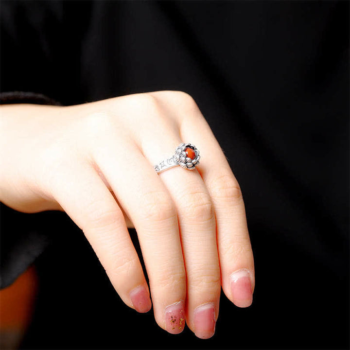 BWOOOH925 Sterling Silver Lotus Red Agate Confidence Blessing Ring