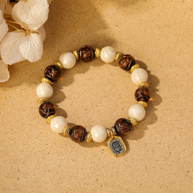 BWOOOH Tibetan Zakiram Goddess of Wealth Charm Liuli Glass Incense Ash Porcelain Bead Protection Bracelet