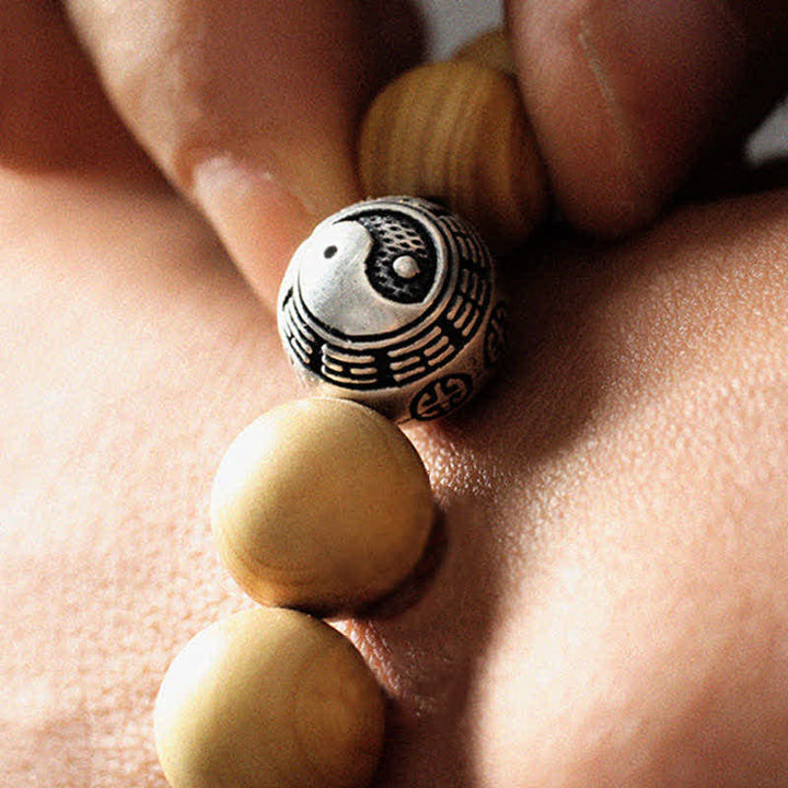 BWOOOH Tibet Peach Wood Lotus Cinnabar Bagua Yin Yang Luck Wealth Bracelet
