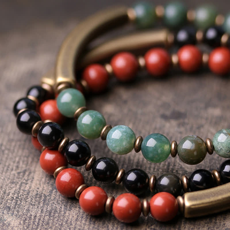 BWOOOH Red Jasper Moss Agate Black Obsidian Crystal Copper Peace Couple Bracelet