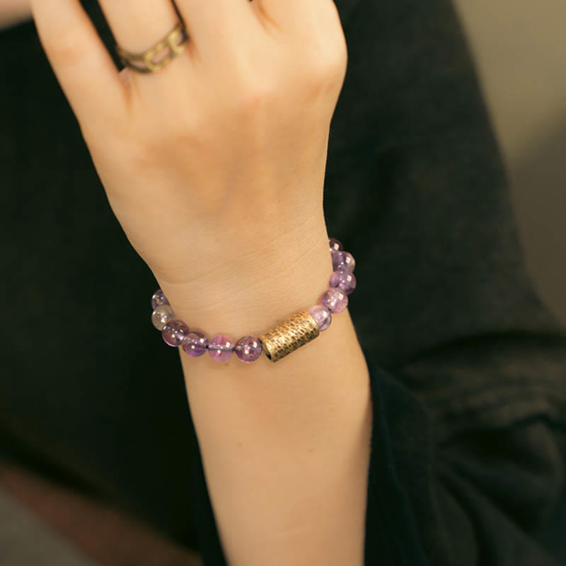BWOOOH White Crystal Red Hematoid Quartz Gold Rutilated Quartz Purple Phantom Protection Bracelet