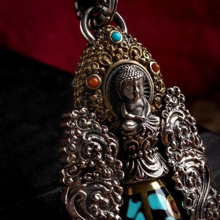 Buddha Stones Tibetan Nine-Eye Dzi Bead Turquoise Buddha Wealth Rotation Necklace (Extra 30% Off | USE CODE: FS30)