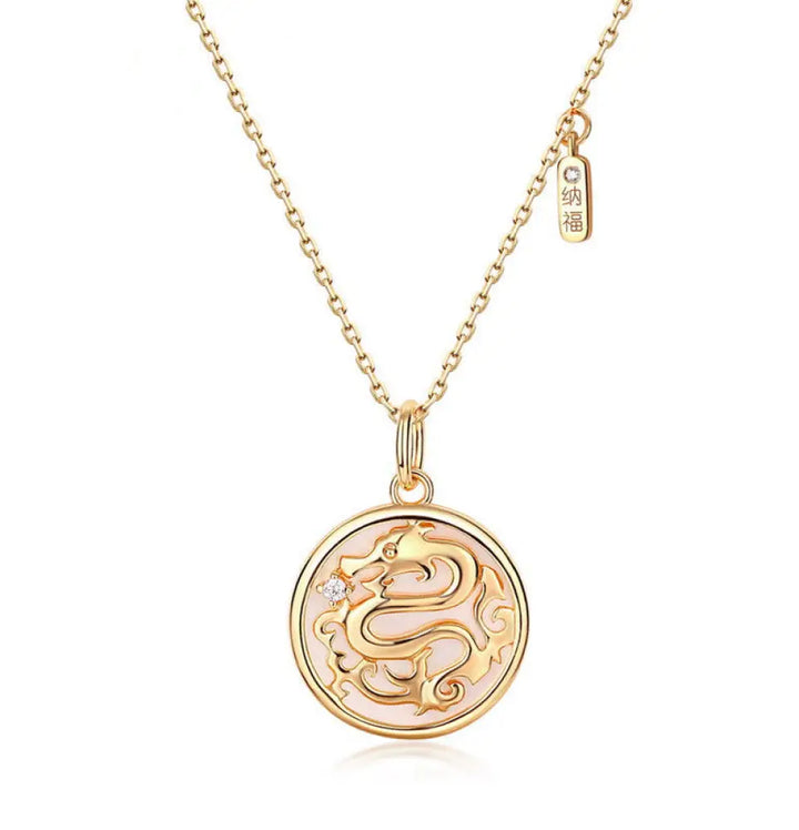 BWOOOH 925 sterling silver tridacna stone dragon Fu character luck necklace pendant on white background