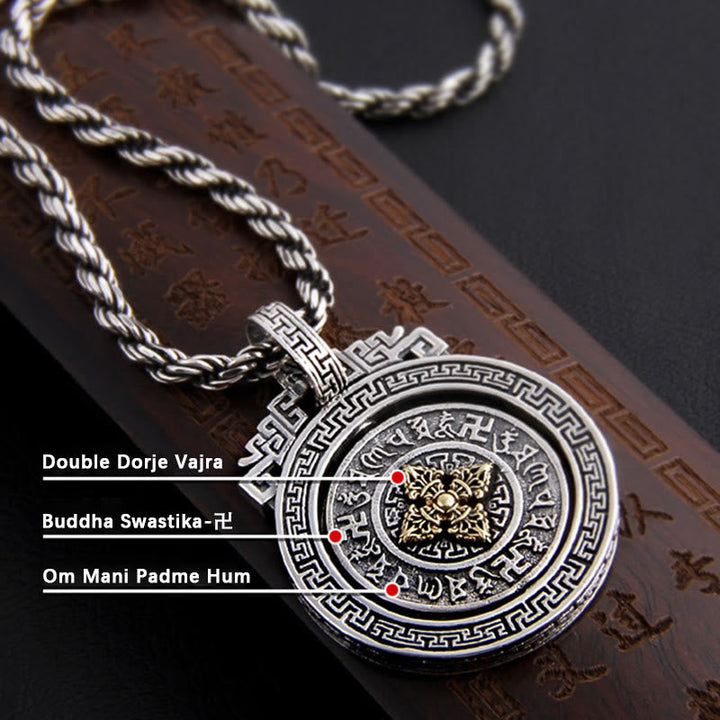 BWOOOH Tibetan Om Mani Padme Hum Double Dorje Vajra Rotatable Purity Peace Necklace Pendant