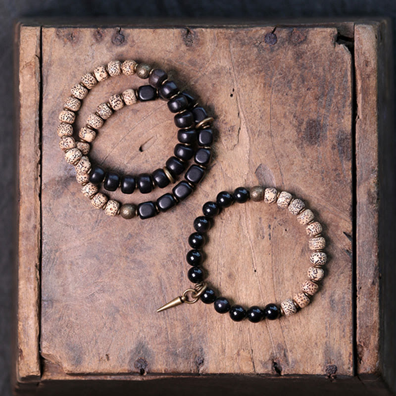BWOOOH Tibetan Bodhi Seed Black Obsidian Ebony Wood Copper Peace Bracelet