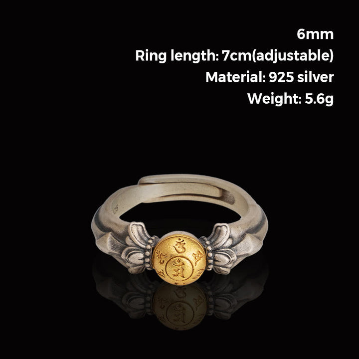 BWOOOH 925 Sterling Silver Manjusri Mantra Om Mani Padme Hum Peace Adjustable Ring