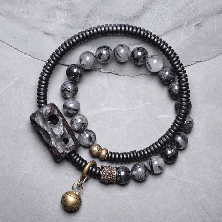 BWOOOH Black Rutilated Quartz Ebony Wood Copper Wisdom Couple Bracelet