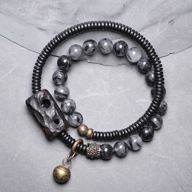 BWOOOH Black Rutilated Quartz Ebony Wood Copper Wisdom Couple Bracelet