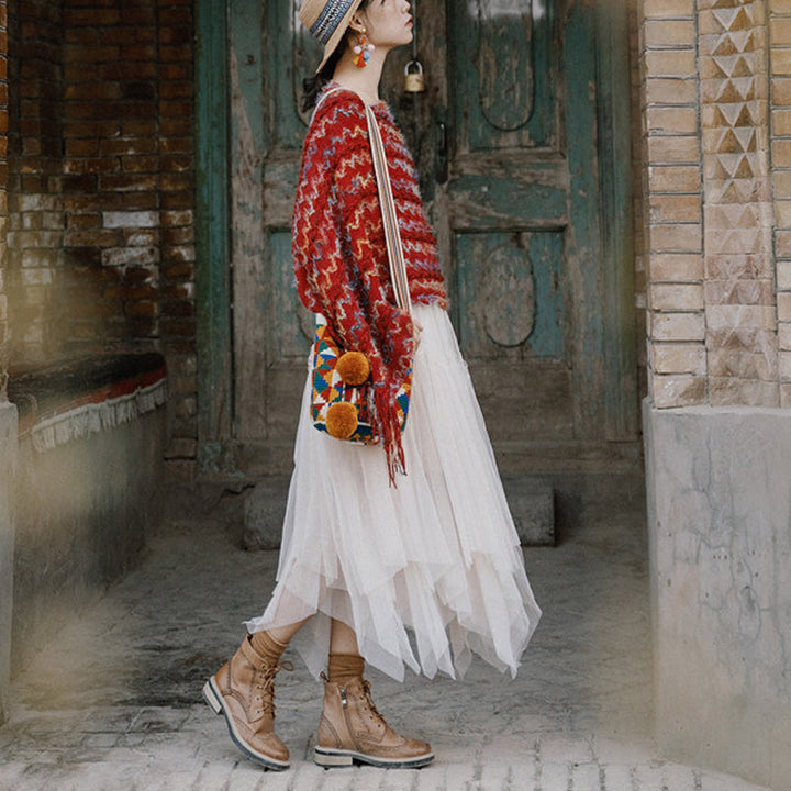 BWOOOH Tibetan Colorful Striped Shawl Tassels Pullover Wi