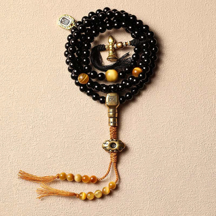 BWOOOH Tibetan 108 Mala Beads Black Onyx Tiger Eye Nine Palaces Bagua Protection Bracelet