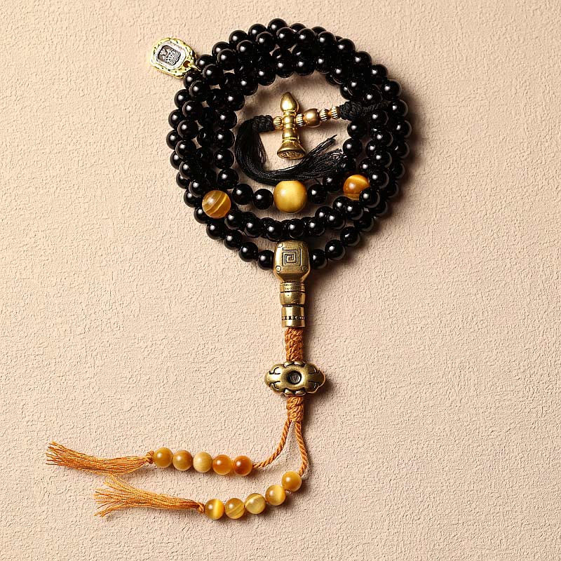 BWOOOH Tibetan 108 Mala Beads Black Onyx Tiger Eye Nine Palaces Bagua Protection Bracelet