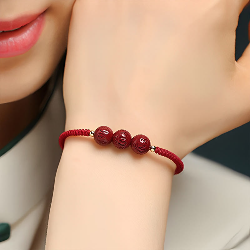 BWOOOH Handmade Cinnabar Om Mani Padme Hum Engraved Beads Blessing Braided Bracelet