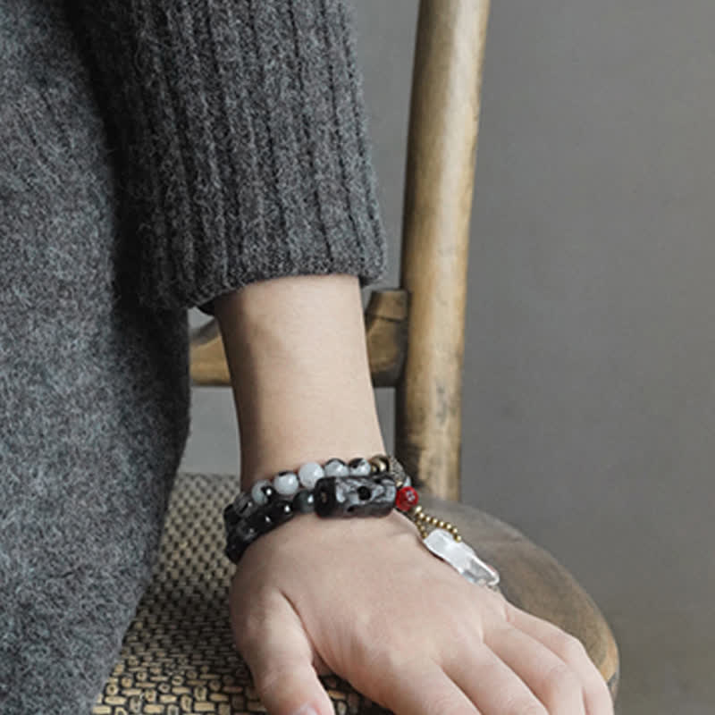BWOOOH Black Rutilated Quartz Ebony Wood White Crystal Success Couple Bracelet