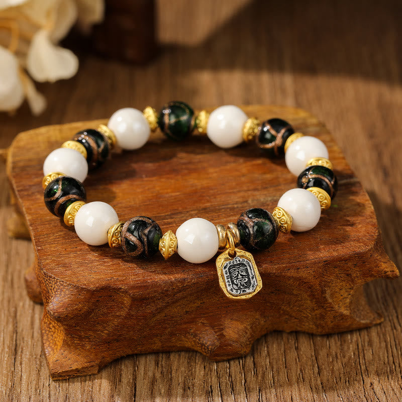 BWOOOH Tibetan Zakiram Goddess of Wealth Charm Liuli Glass Incense Ash Porcelain Bead Protection Bracelet