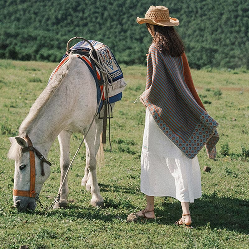 BWOOOH Tibetan Shawl Striped Diamond Pattern Winter Warm 