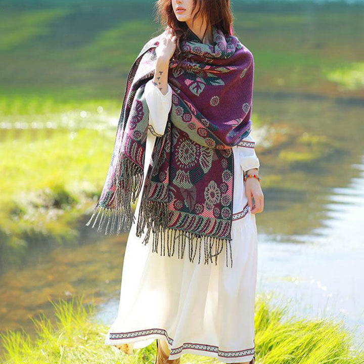 BWOOOH Tibetan Flower Floral Leaves Pattern Design Shawl 