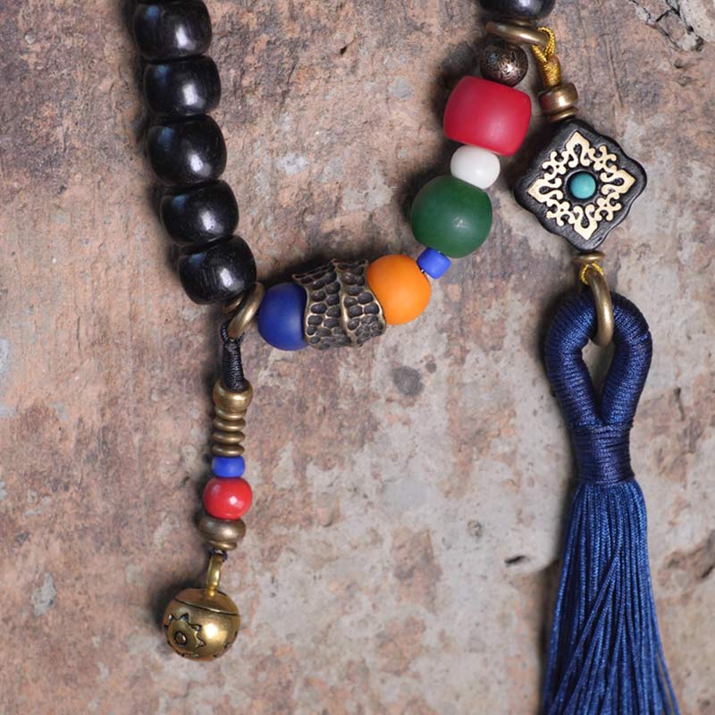 BWOOOH 108 Beads Mala Ebony Wood Dzi Bead Copper Balance Tassel Bracelet