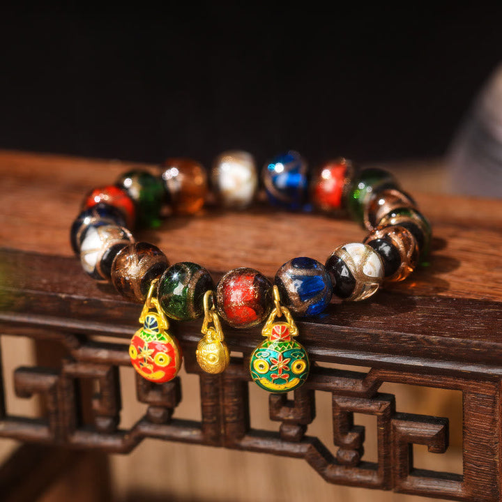 BWOOOH Five Elements Gold Swallowing Beast Family Charm Liuli Glass Bead Luck Bracelet